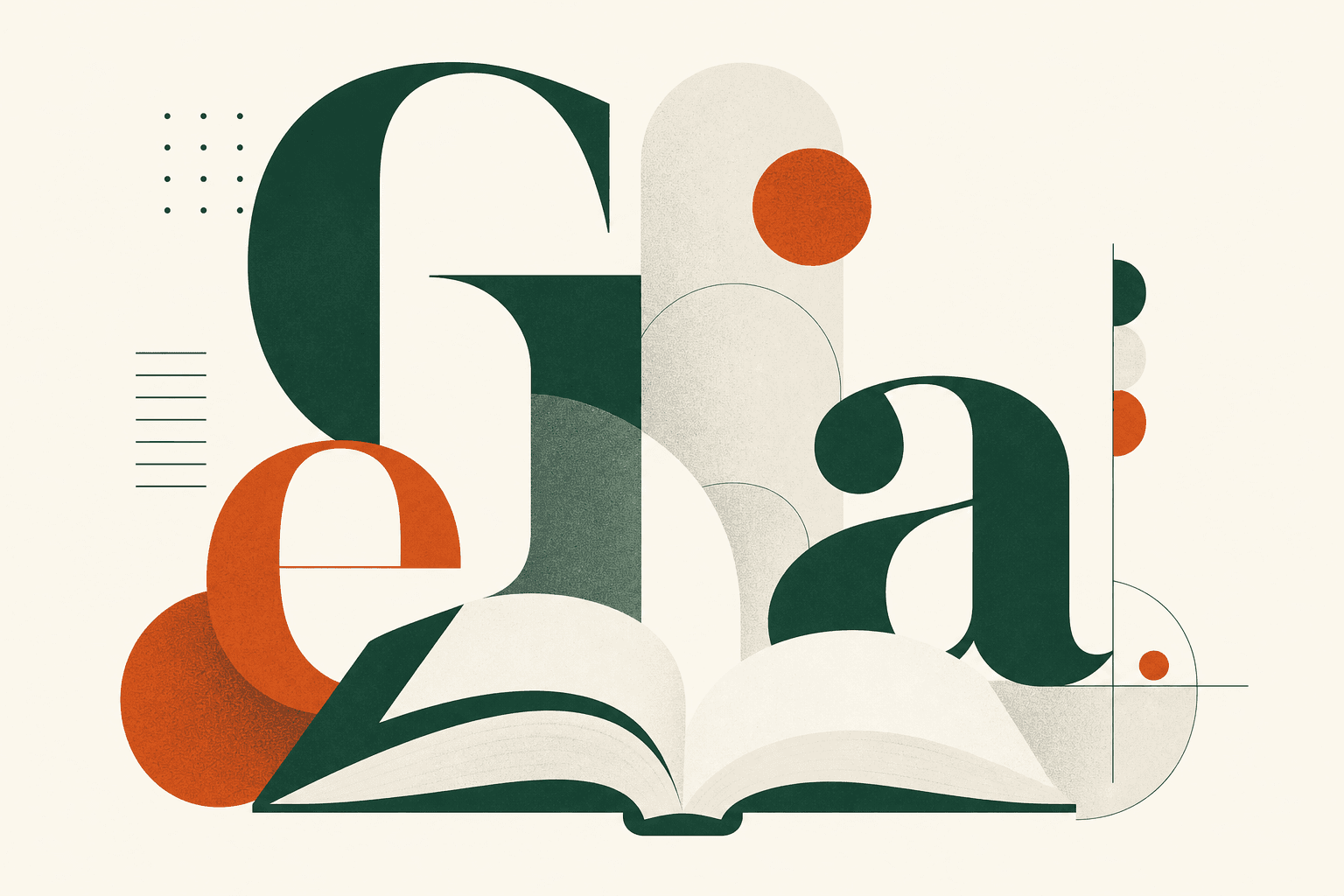 Abstrakt typografisk illustration med bogstavformer og en åben bog